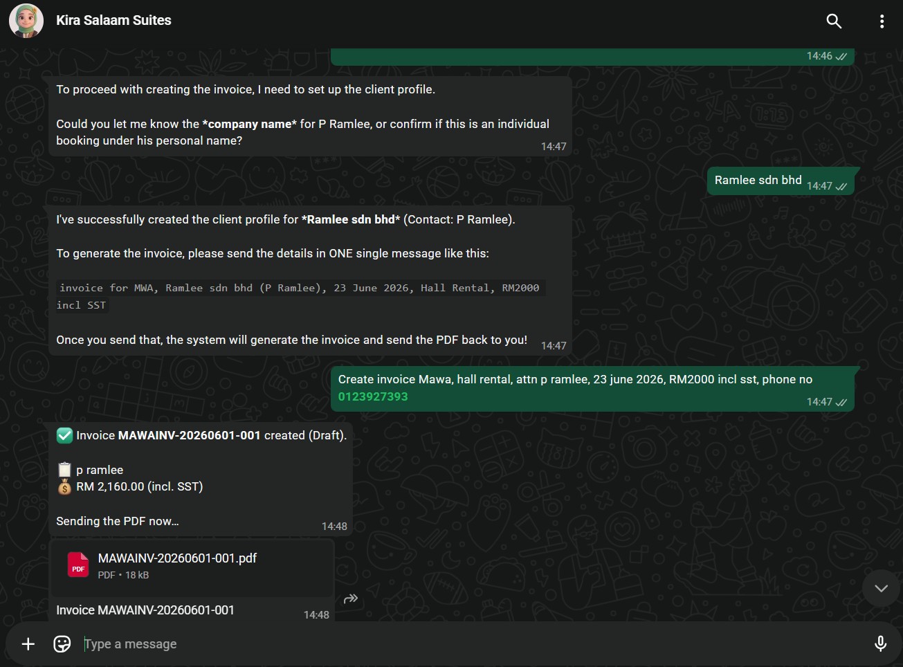 Kira creating an invoice on WhatsApp